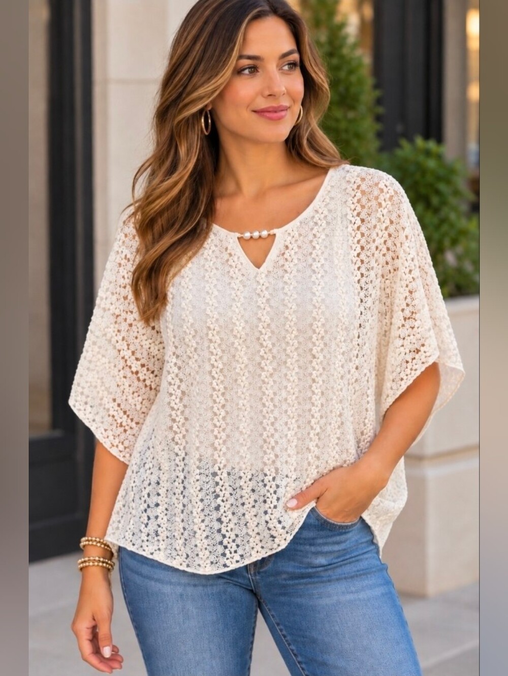 Olivia Blu Boutique Cream Lace Overlay Women's Top